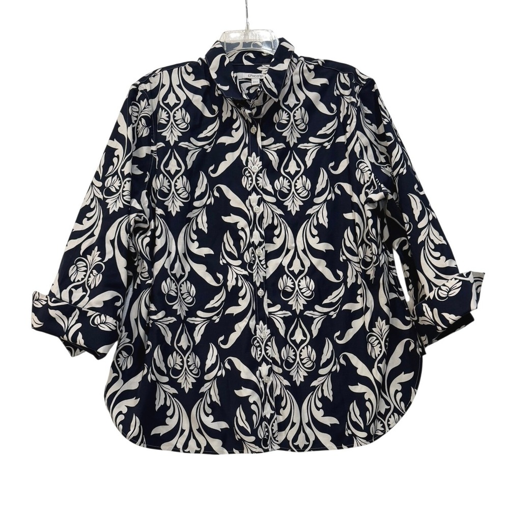 Chicos Navy White Damask Scroll Print Button Down Shirt Size 3 US Size 16